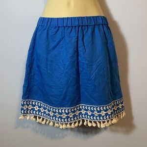 J CREW cobalt Blue mini Skirt White Embroidery and Tassels elastic waist xxs
